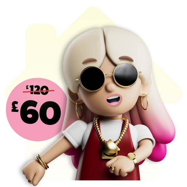 Lo Stress character smiling and wearing sunglasses, standing next to a £60 discount badge, within a house shape.